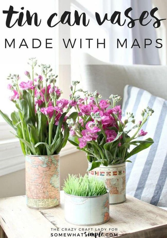 Recycled Tin Vases With Vintage Maps