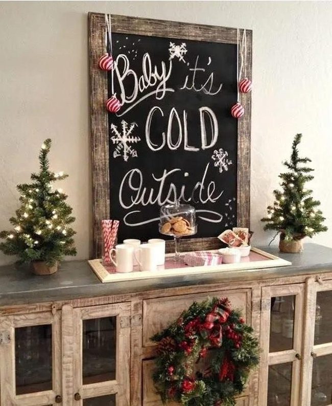 Red Striped Ornaments On Chalkboard