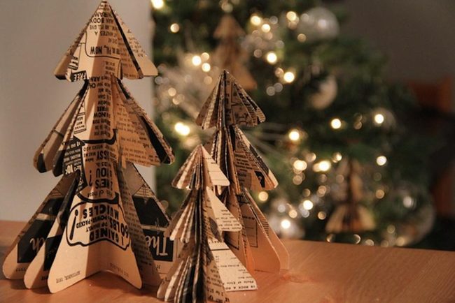 Folded Paper Trees With Newsprint Layers