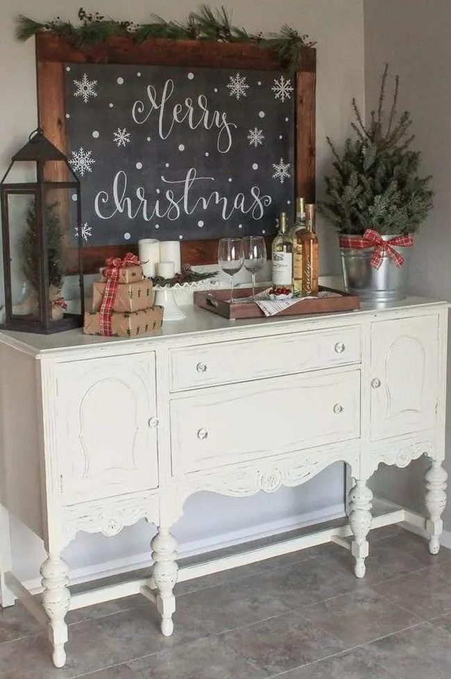 White Wood Sideboard With Red Plaid Accents