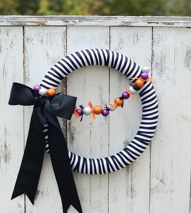 Black Striped Wreath With Cascading Bow
