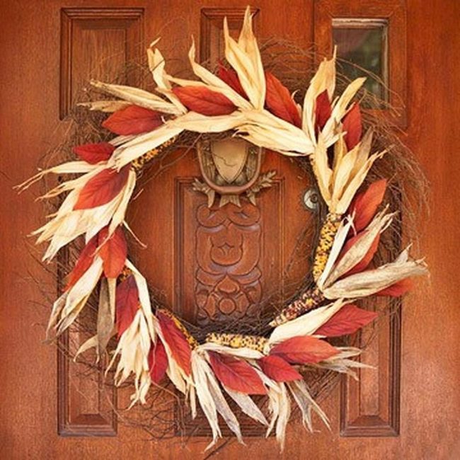 Dried Corn Husks On Brown Door