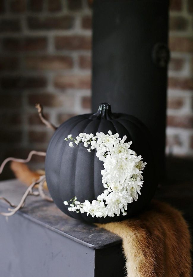 Black Pumpkins White Flowers Brown Brick