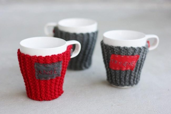 Red And Gray Knitted Mug Cozies