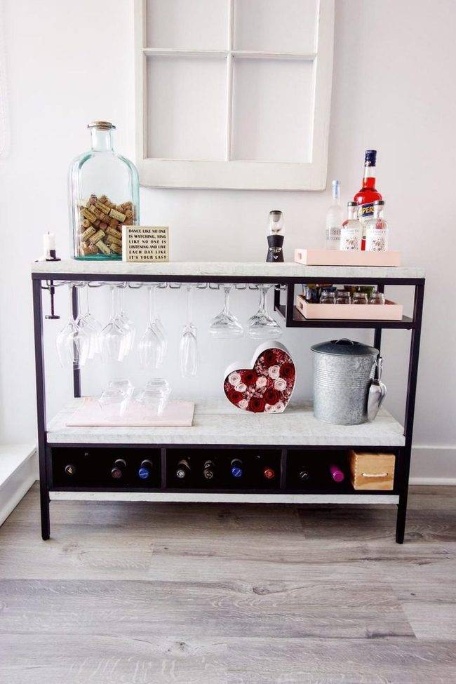 Black Metal Wine Cart With Hanging Glasses