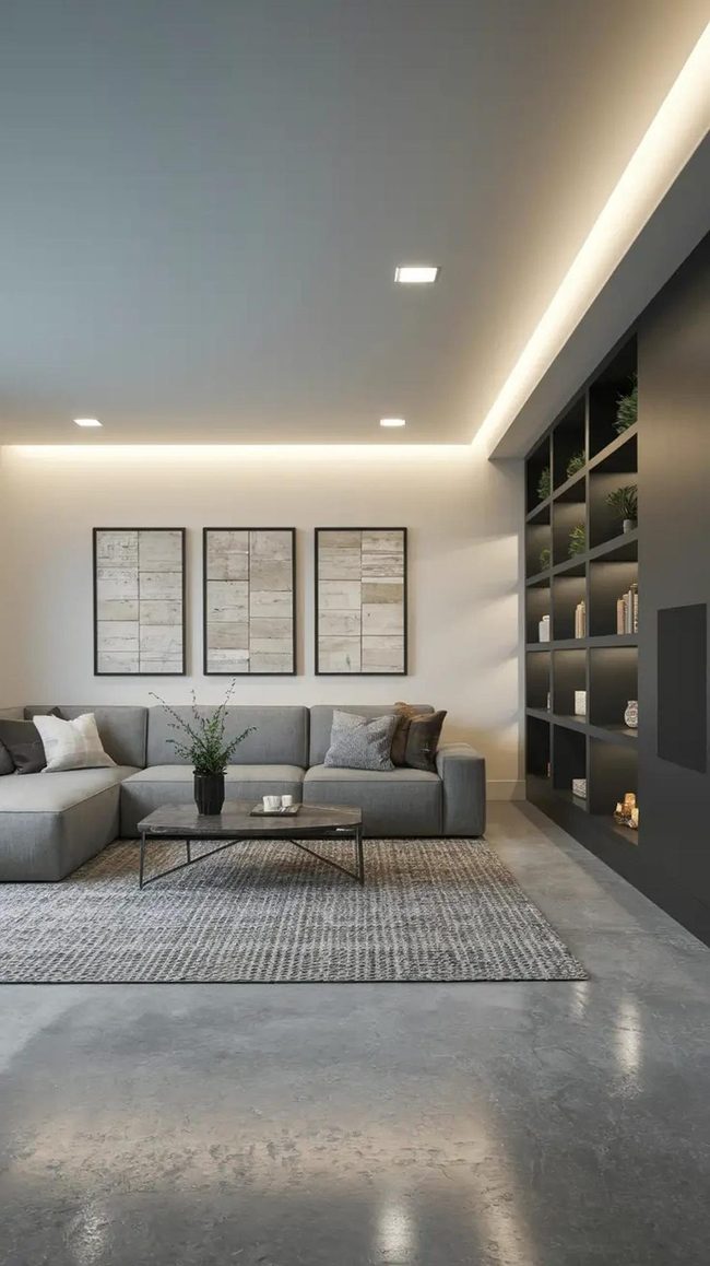 Gray Concrete Basement With Reflective Light