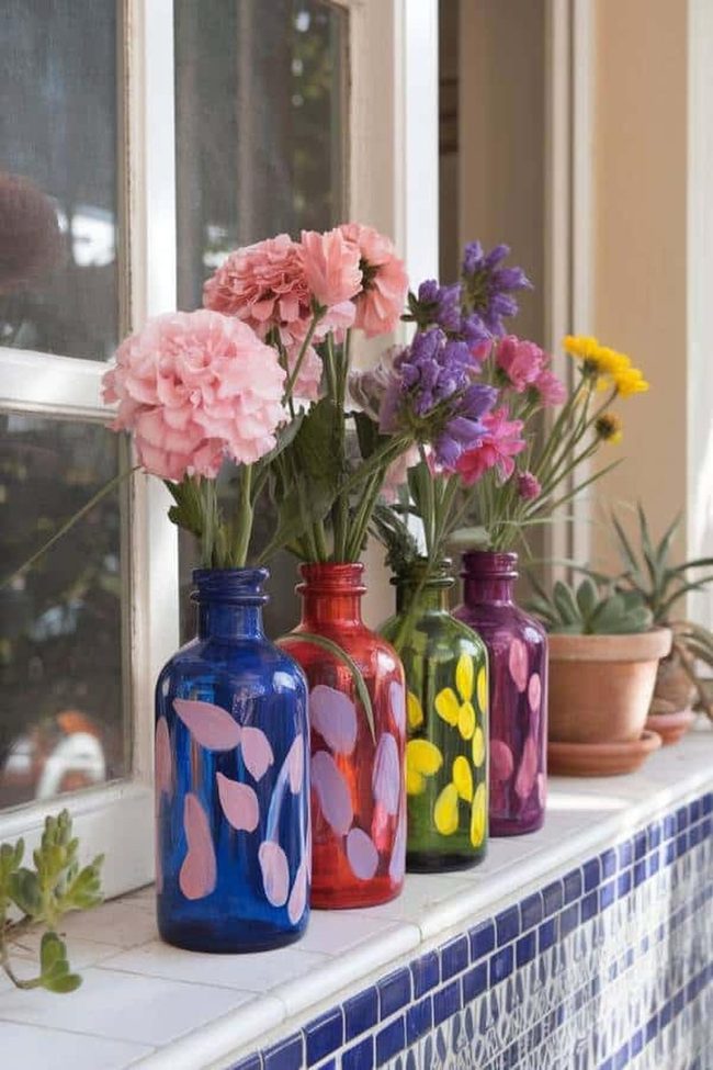 Painted Glass Bottles As Home Decor
