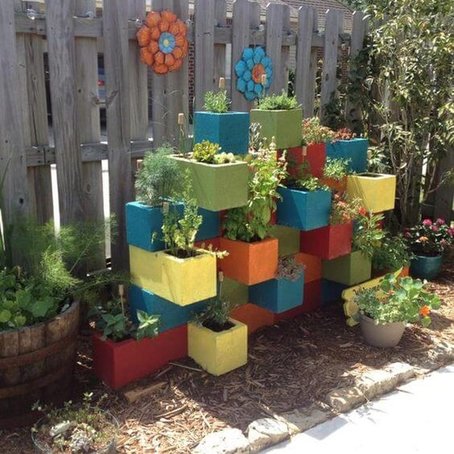 Stacked Cinder Blocks Rainbow Garden