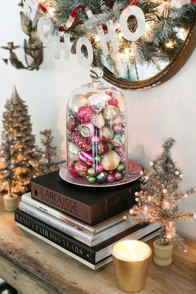 Shimmering Ornaments Under Glass Cloche