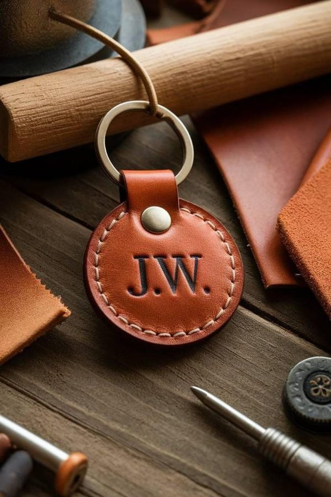 Brown Leather Stamped Keychains