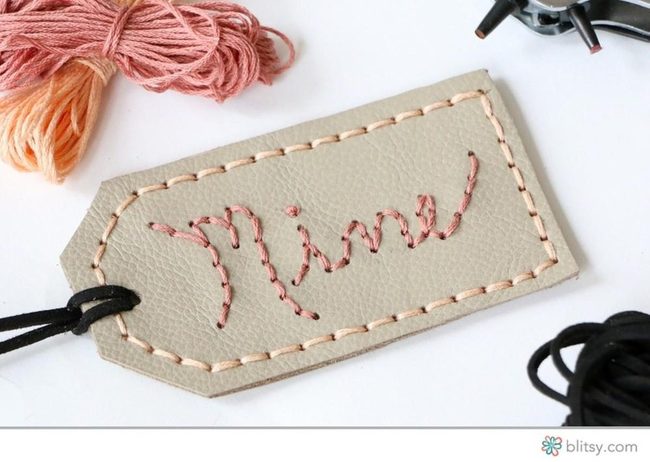 Leather Tags Pink Thread Lettering