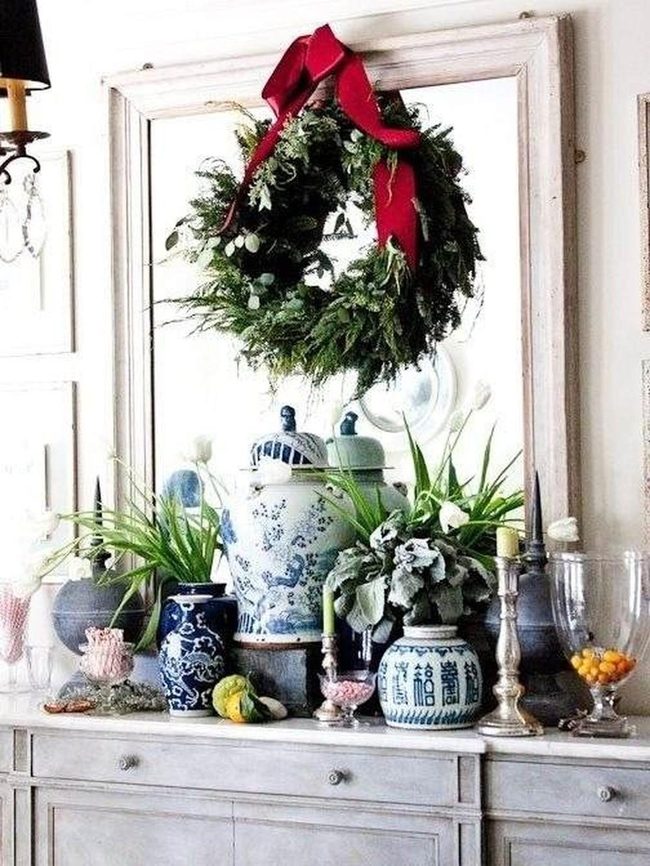 Red Ribbon Wreath With Greenery