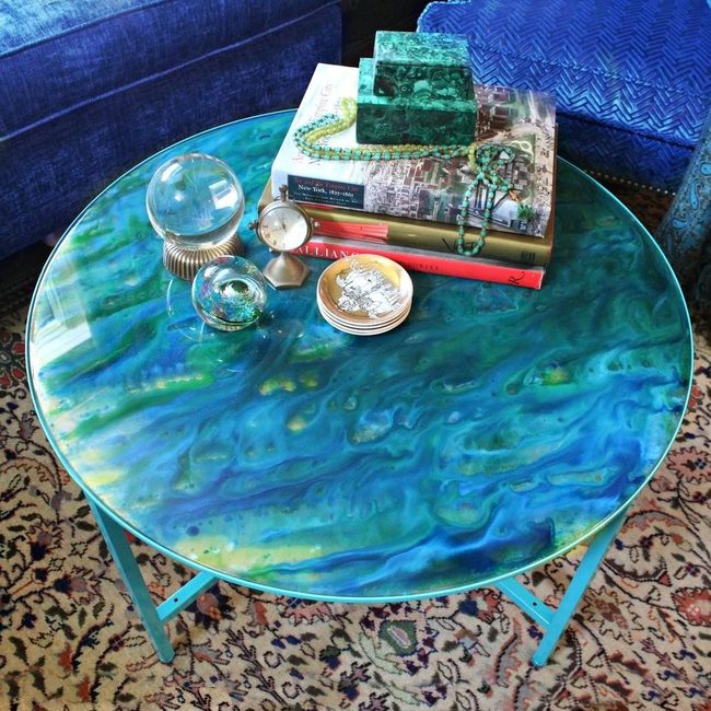 Blue-Green Table Reflects Living Room