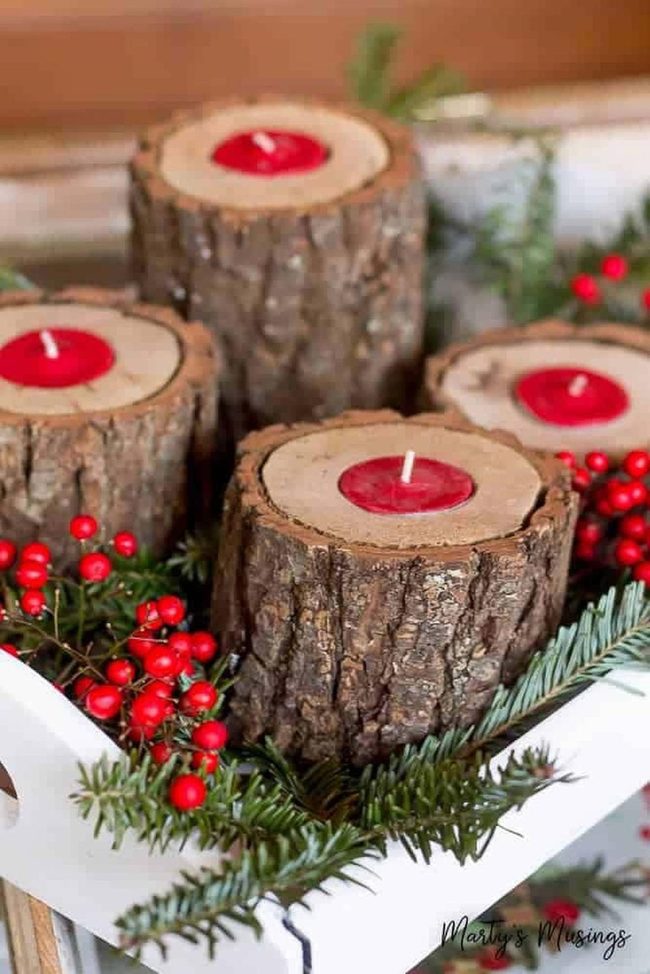 Red Candles In Natural Wood Logs