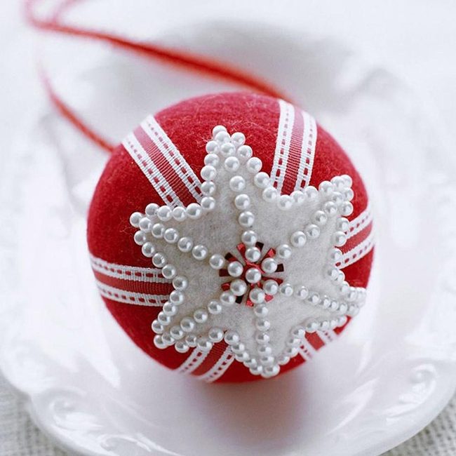 Red Ornaments With Striped Ribbon Detail