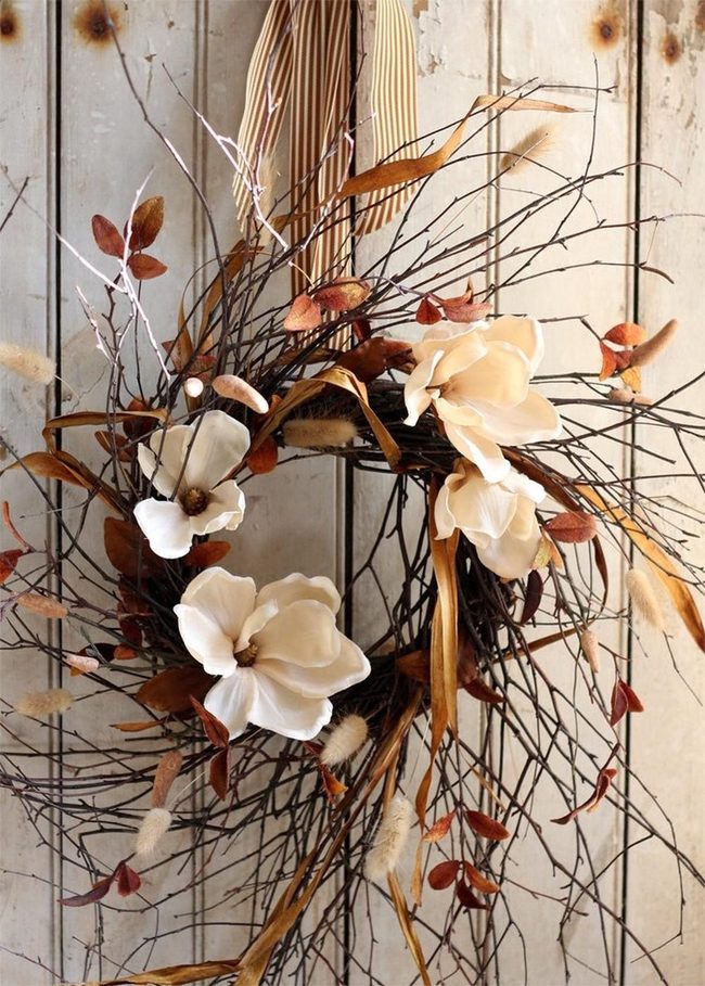 Cream Flowers Dark Branch Wreath