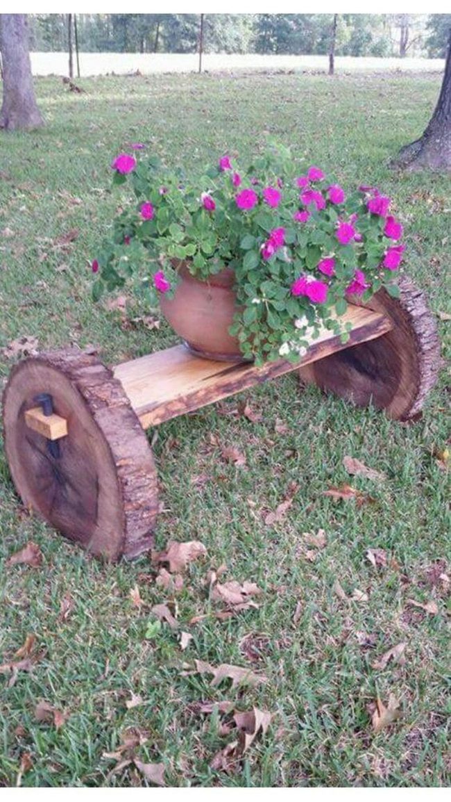 Log Wheel Planter Garden Stand