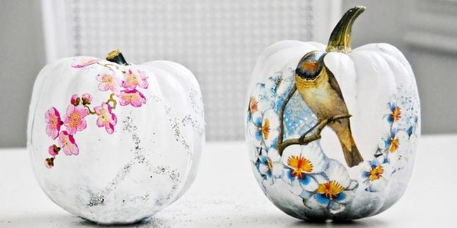 Painted Pumpkins With Floral Birds