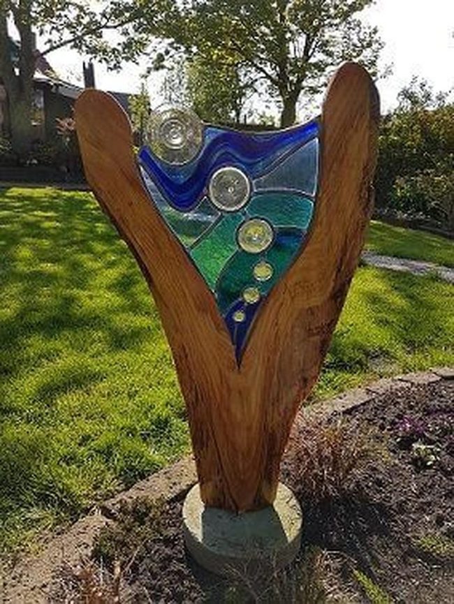 Wood And Glass Garden Sculpture Blue Green