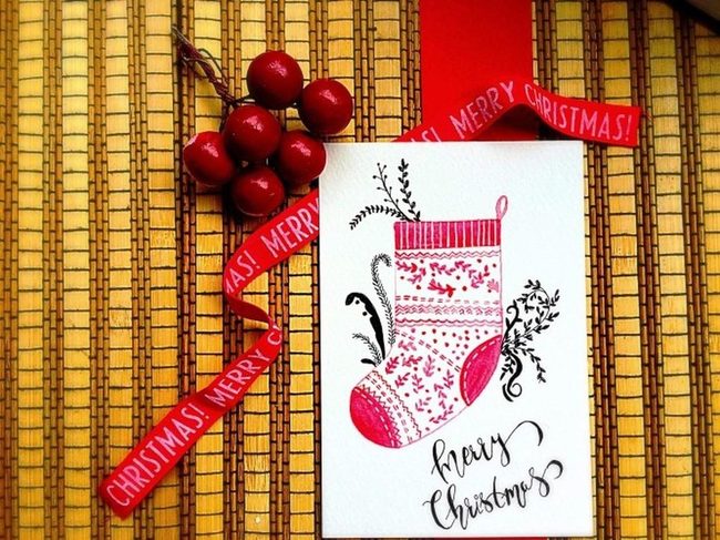 Red Stockings On Woven Bamboo