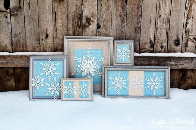 Frosted Paper Snowflakes On Wood