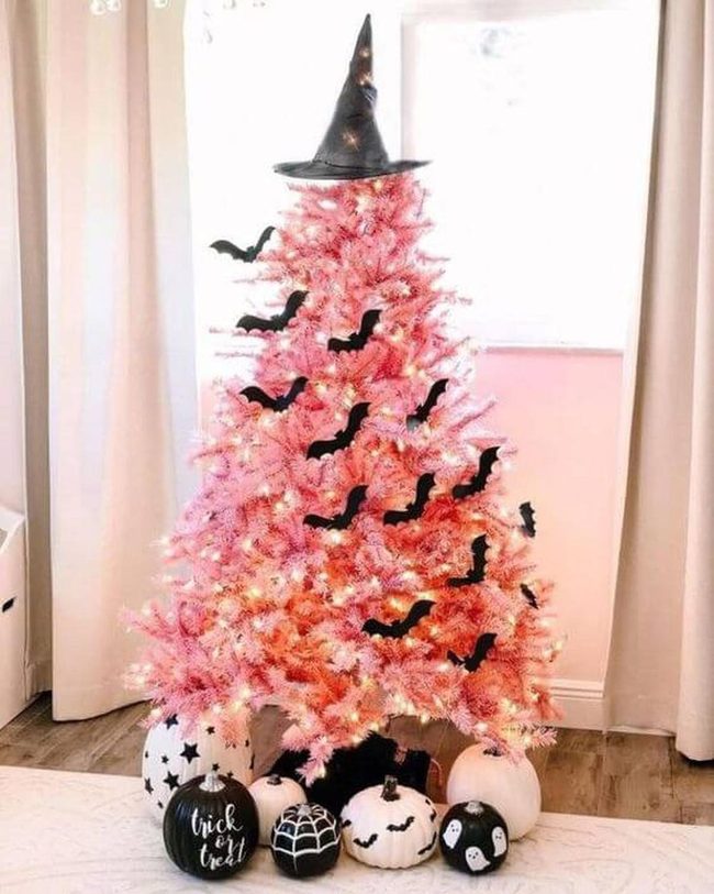 Pink Halloween Tree With Black Bats