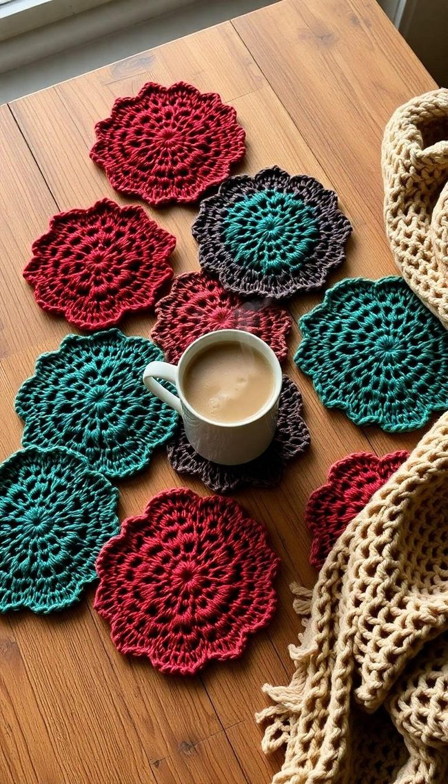 Handmade Wool Coasters Winter Red