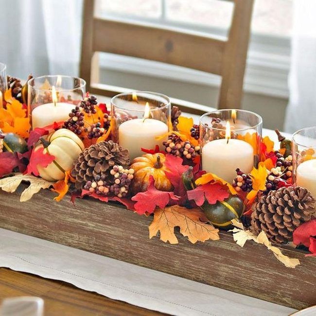White Candles, Autumn Leaves, Harvest Table