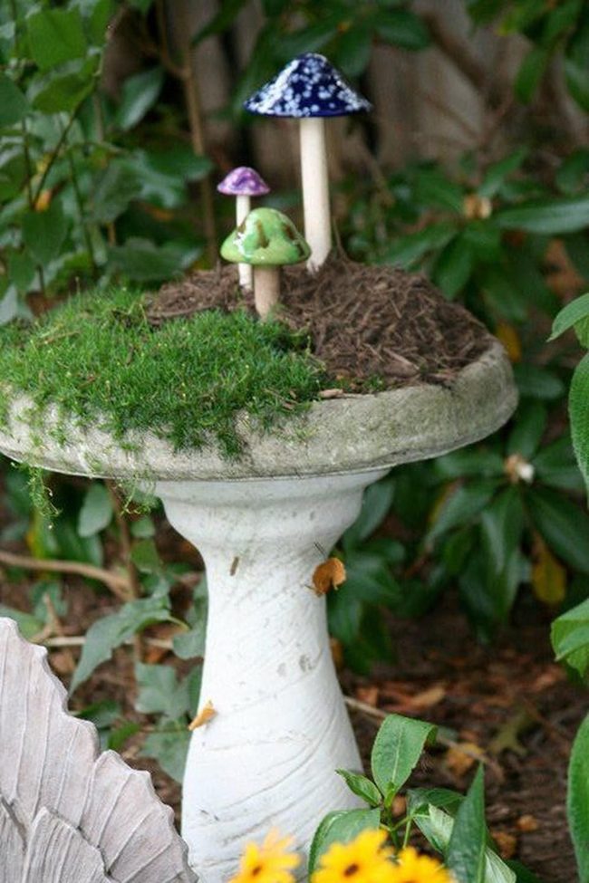 Moss-Covered Birdbath With Ceramic Mushrooms