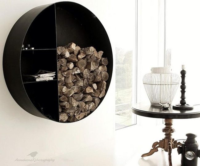Black Round Shelving With Stacked Firewood