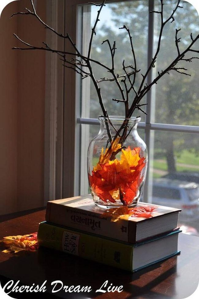 Autumn Branches Over Stacked Books