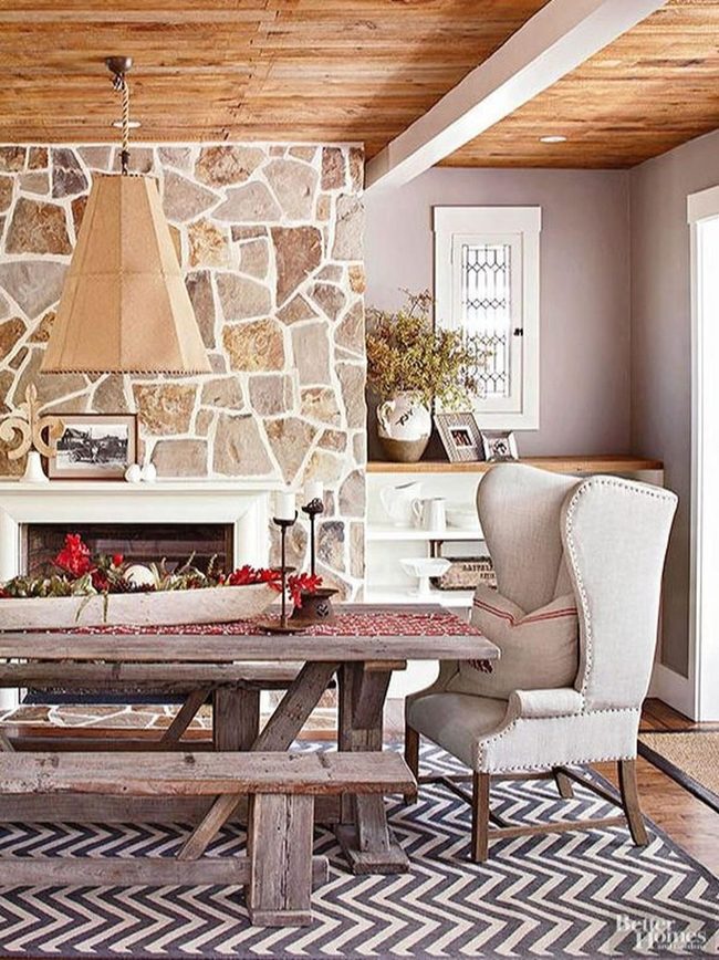 Stone Fireplace Gathers Around Wood Table