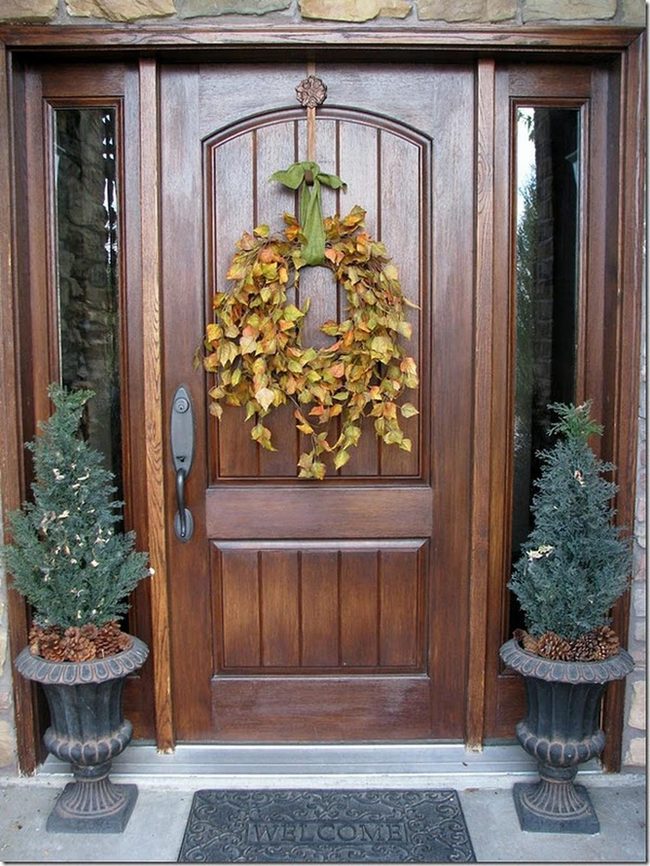 Wooden Door With Autumn Wreaths