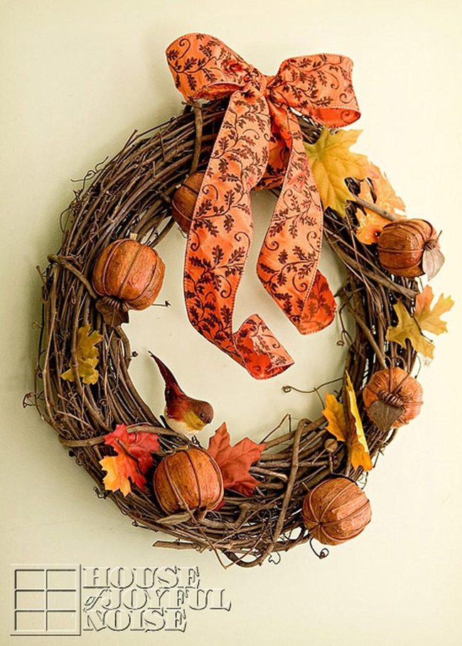 Autumn Branches, Pumpkins, Bird