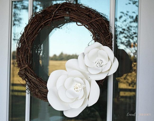 Paper Flowers On Woven Grapevine