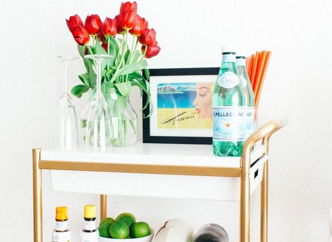Gold Frame Bar Cart With Red Tulips