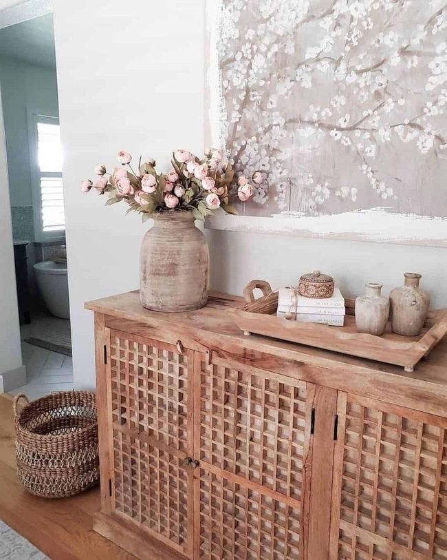Pink Roses Wooden Sideboard Moment