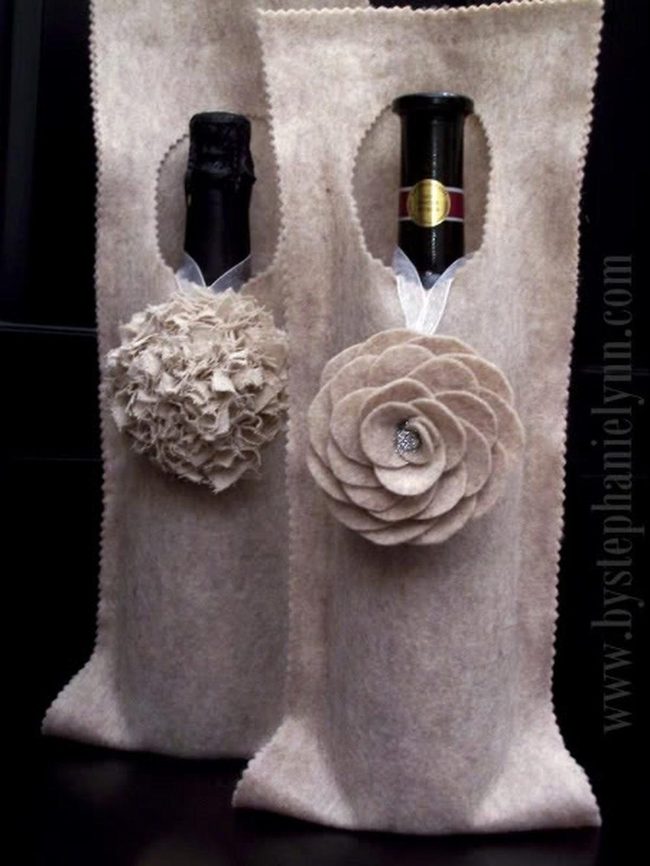 Beige Felt Wine Wraps With Handmade Flowers