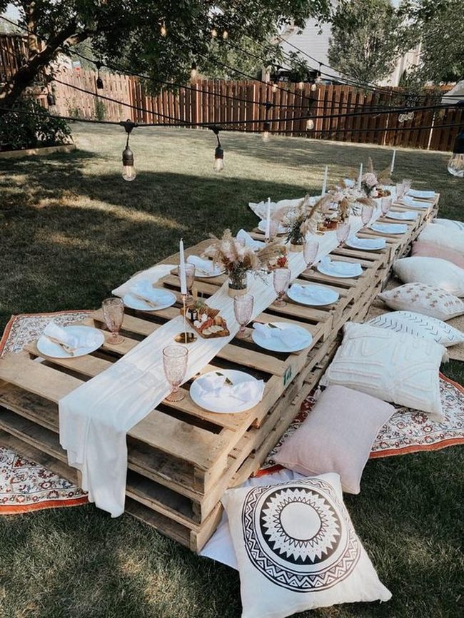 Pallet Tables Under String Lights