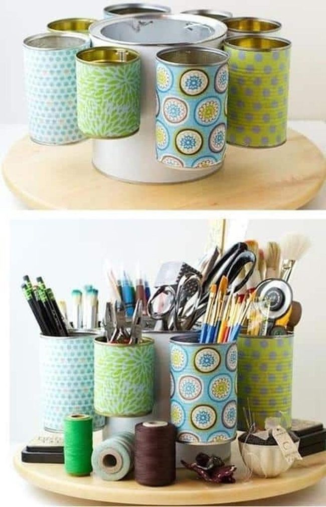 Painted Tin Cans For Desk Storage