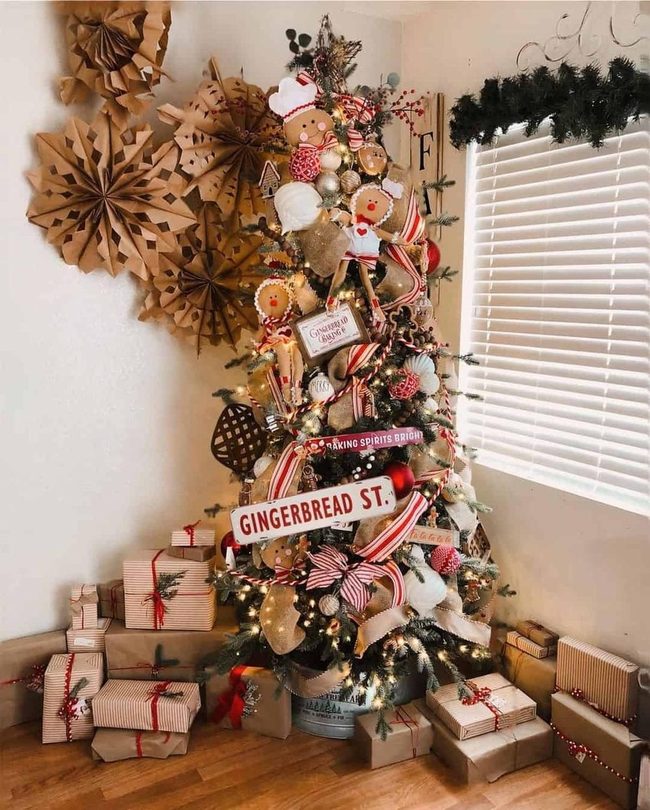 Gingerbread Tree With Red Striped Ribbons