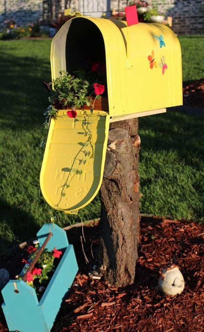 Yellow Mailbox Planter With Butterflies