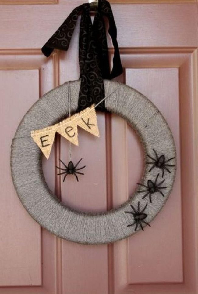 Gray Yarn Spider Wreath