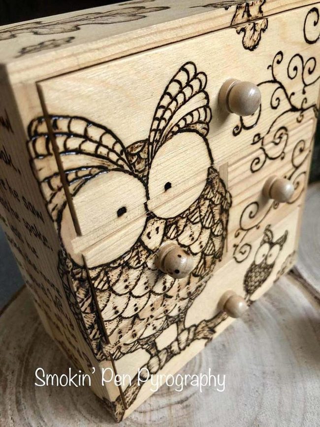 Wooden Owl Storage With Burned Details