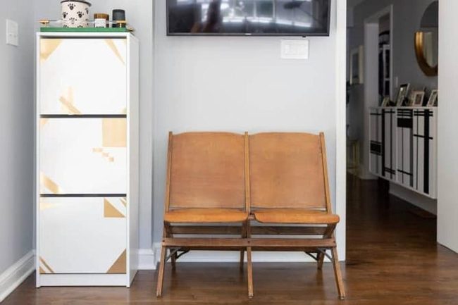 White Cabinets Gold Geometric Patterns