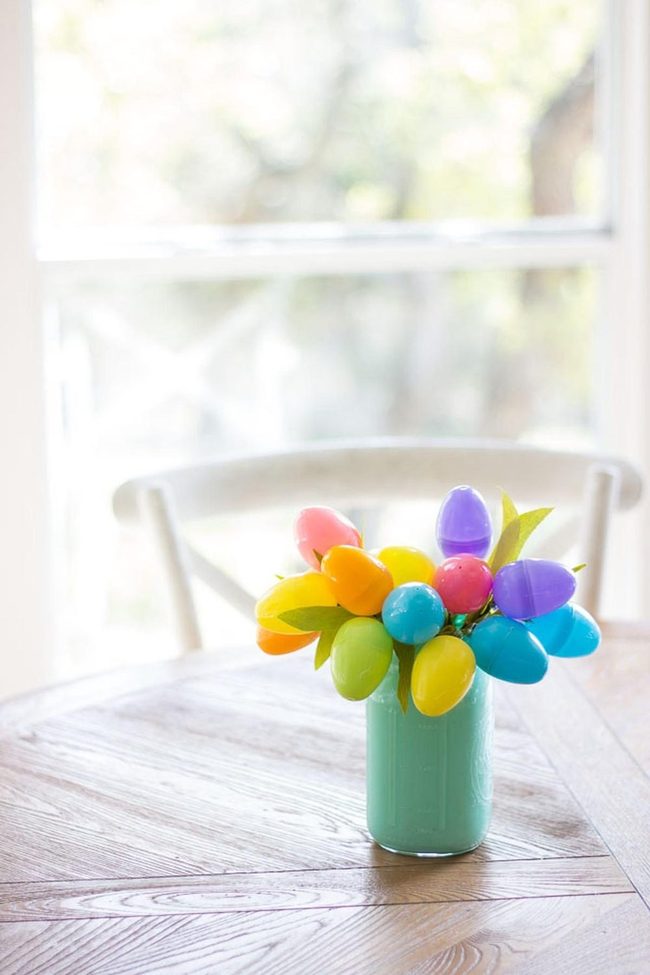 Bright Plastic Eggs With Green Leaves