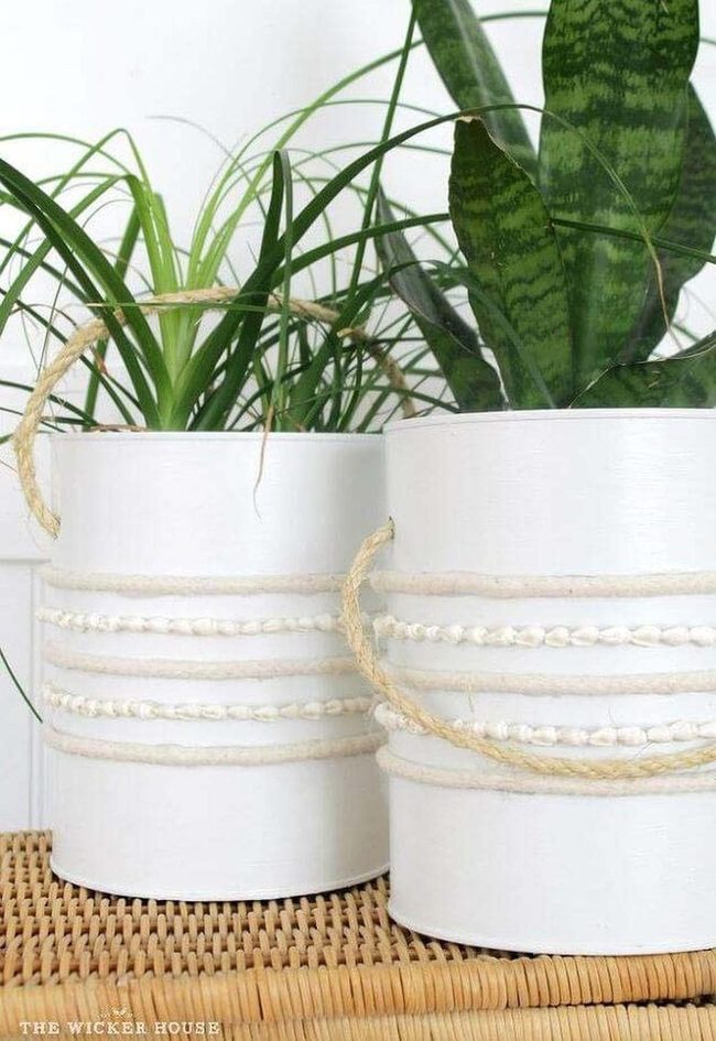 Painted Tin Planters With Thread