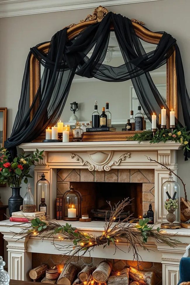Layered Black Glass Mantel Styling