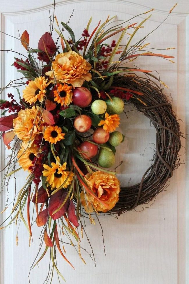 Orange Blooms And Red Leaves Wreath
