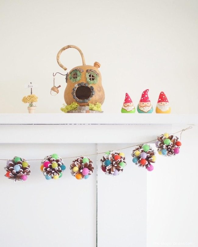 Colorful Pinecones White Mantel Display